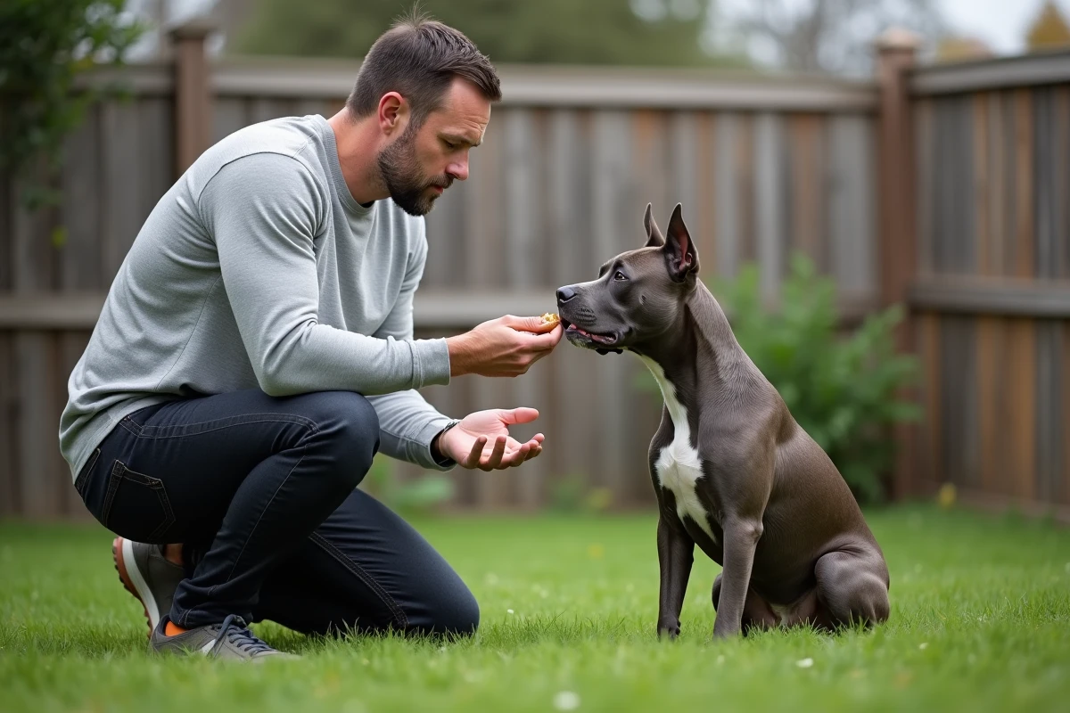 Homme entraînant un Pitbull bleu à la commande assis dans un jardin, illustrant l'éducation positive et la gestion de la puissance du chien