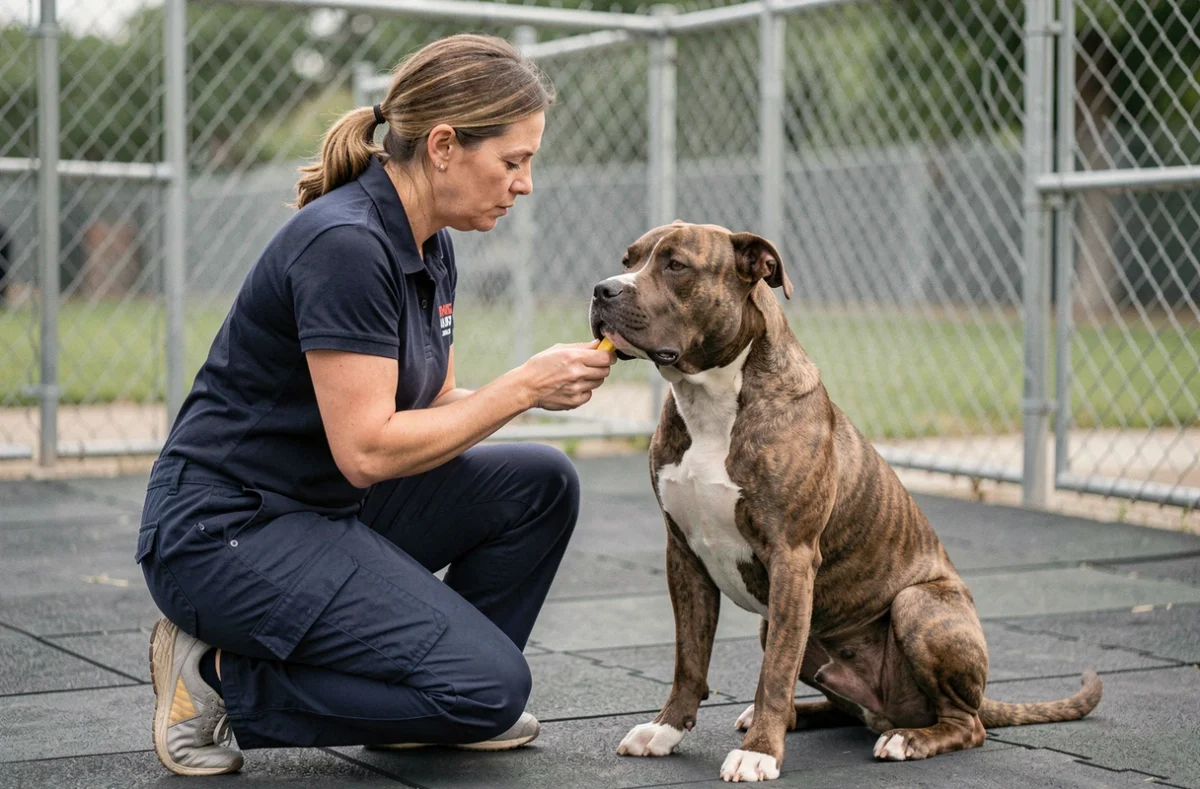 Éducatrice canine professionnelle entraînant un Pit Bull Terrier américain dans un espace d'entraînement clôturé