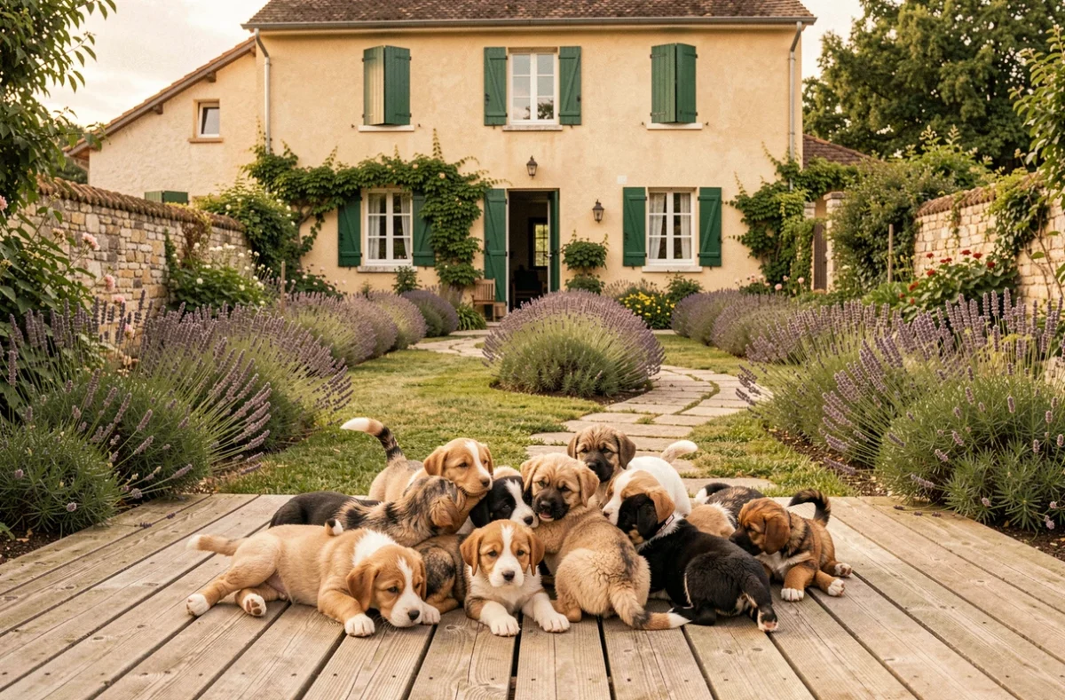 Une portée de chiots de races variées jouant sur une terrasse en bois dans un jardin de campagne lyonnaise avec une ferme aux volets verts en arrière-plan