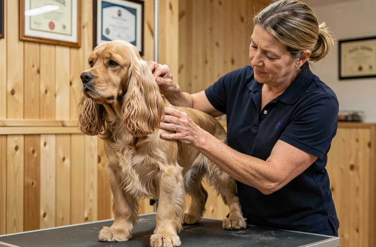 Éleveuse professionnelle examinant un Cocker Spaniel Nain doré sur une table de toilettage dans un élevage certifié