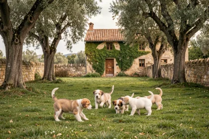 Des chiots jouant dans un élevage canin de la région Rhône, entouré de verdure et d'une ferme en pierre typique du paysage français