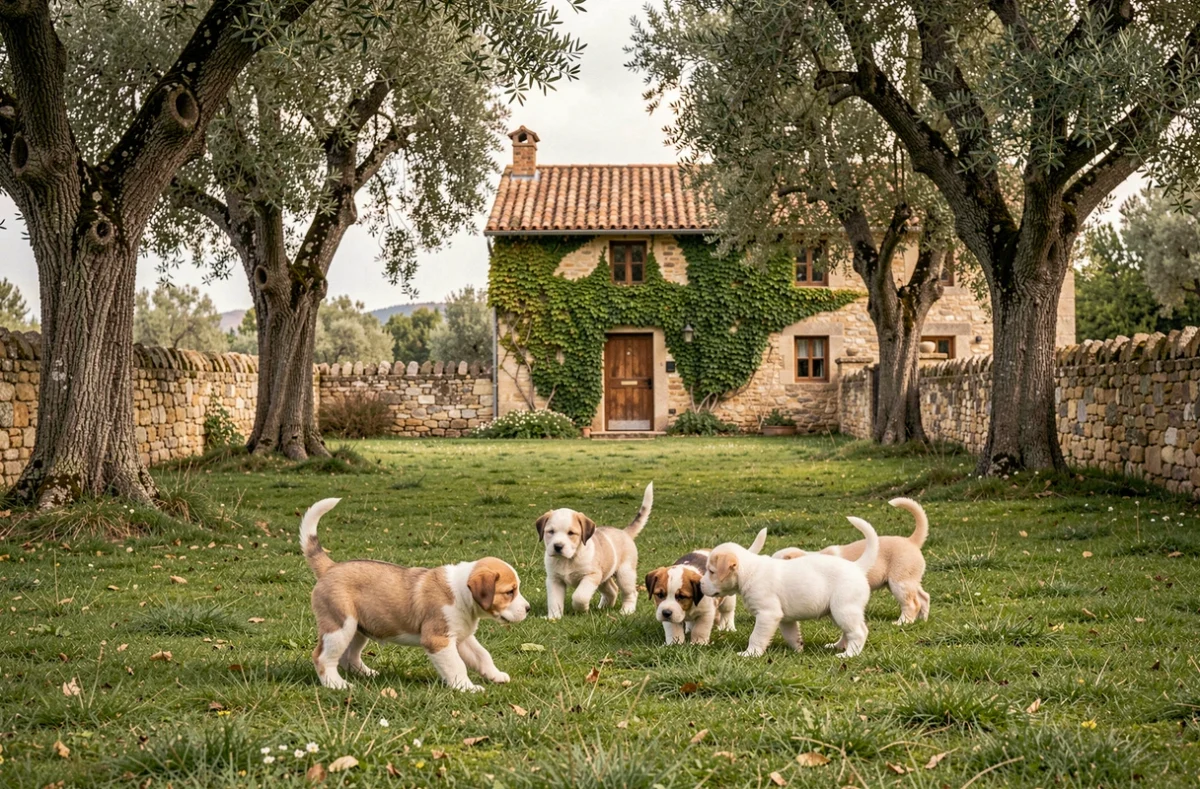 Des chiots jouant dans un élevage canin de la région Rhône, entouré de verdure et d'une ferme en pierre typique du paysage français