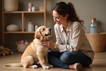 Éleveuse professionnelle tenant affectueusement un chiot golden retriever dans un élevage canin chaleureux et soigné