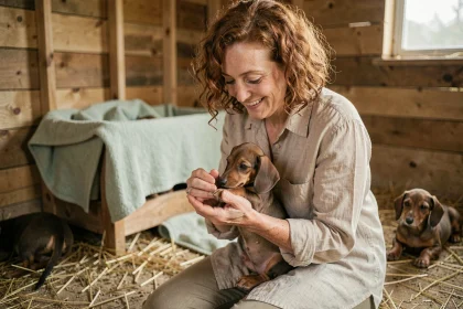 Éleveuse de teckel Kaninchen tenant un chiot miniature dans ses mains dans un chenil rustique en bois