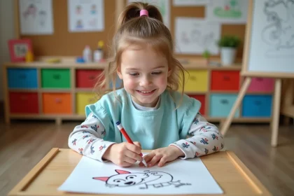 Fille d'&eacute;cole maternelle dessinant un loup avec des feutres