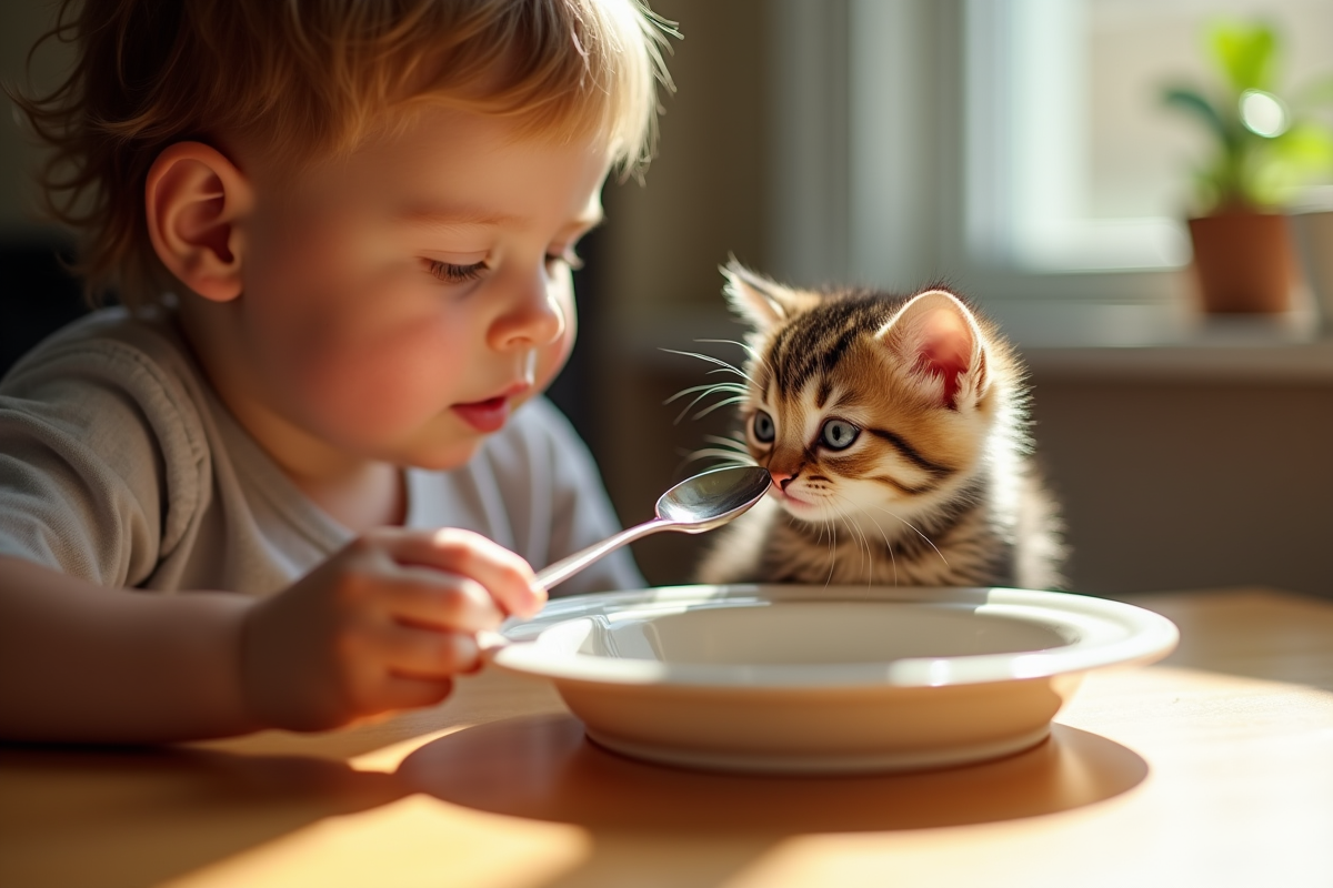 Enfant donnant à manger à un petit chaton avec une cuillère