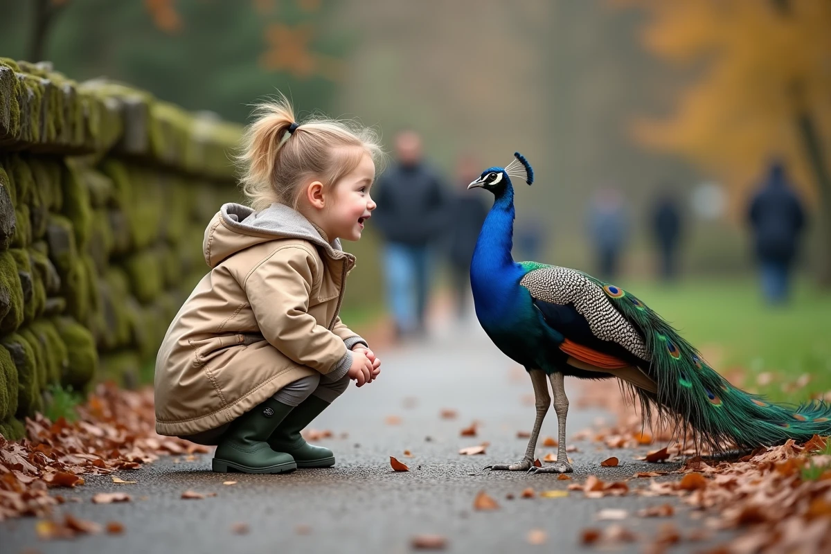 Petite fille émerveillée devant un paon dans un parc animalier près de Strasbourg