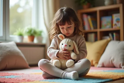 Fille en maternelle assise sur un tapis color&eacute; dans un salon chaleureux