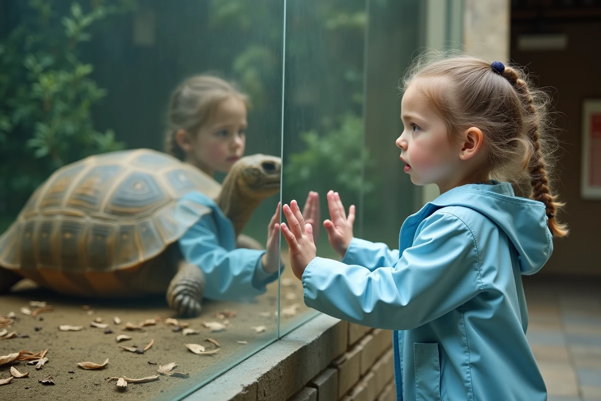 Jeune fille admirant une tortue derrière la vitre d'un terrarium au zoo d'Annecy