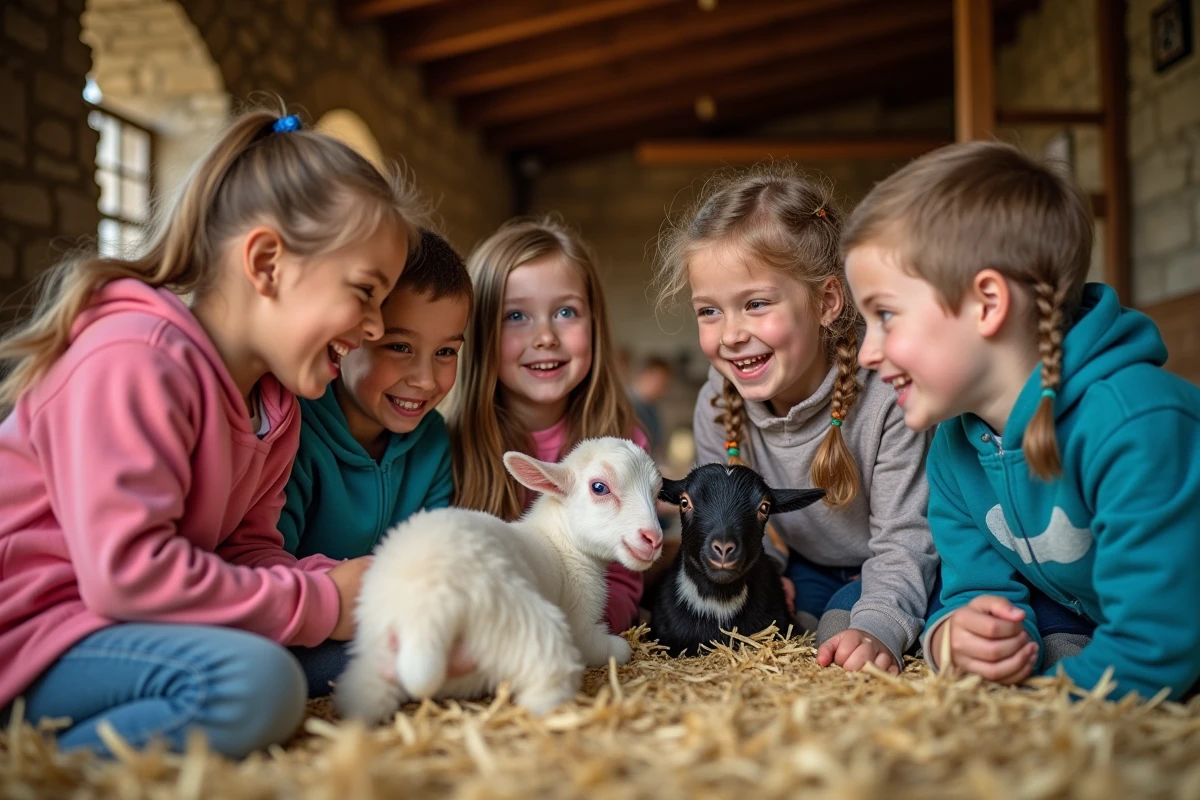 Enfants regardant des chèvres dans l enclos intérieur