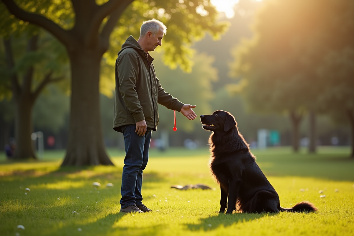 Personne entraînant un golden retriever dans un parc ensoleille