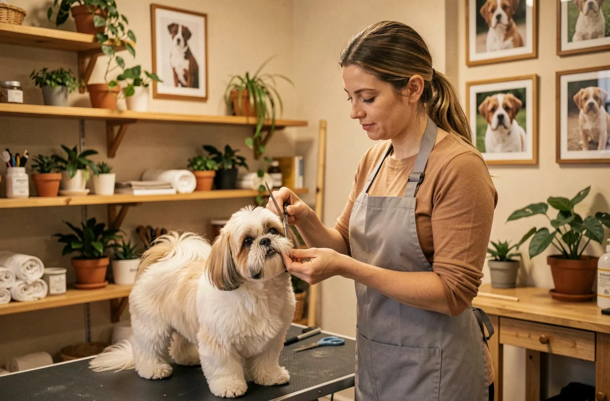 Toiletteuse d'Entre Chien et Vous à Rouen finissant la coupe d'un shih tzu dans un salon chaleureux