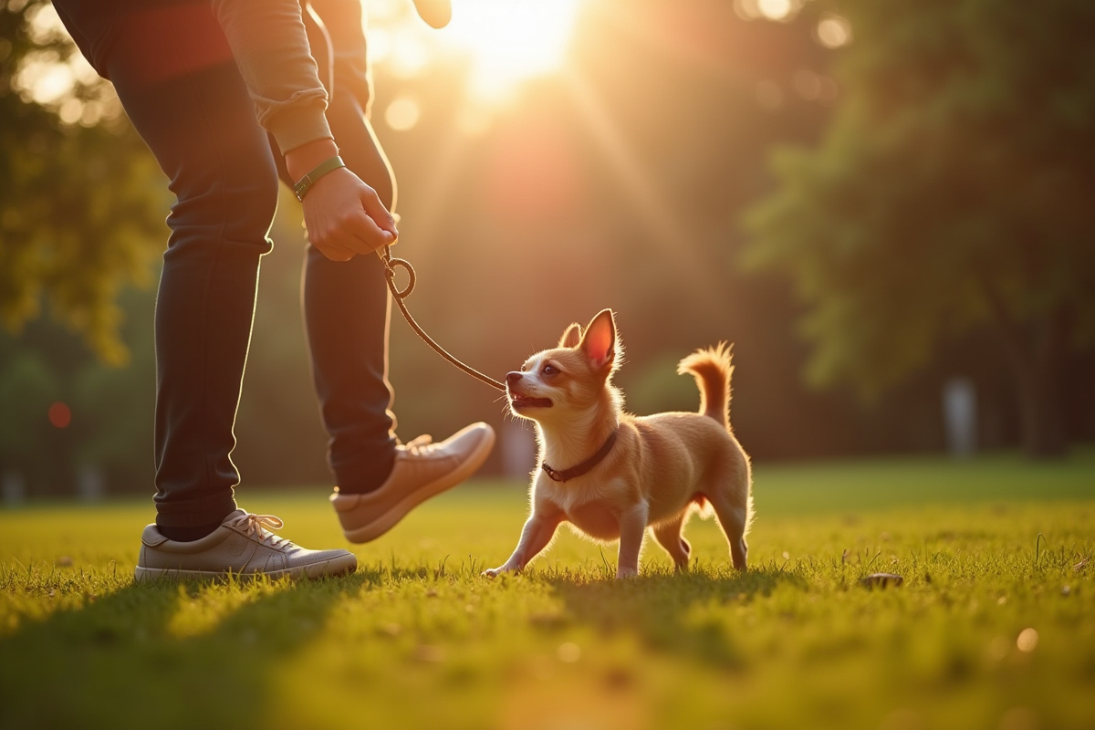 Personne entraînant un chihuahua dans un parc en fin d