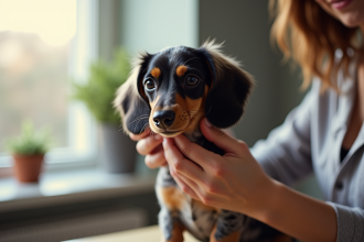 Epagneul dachshund tacheté en train de se faire toiletter à la maison