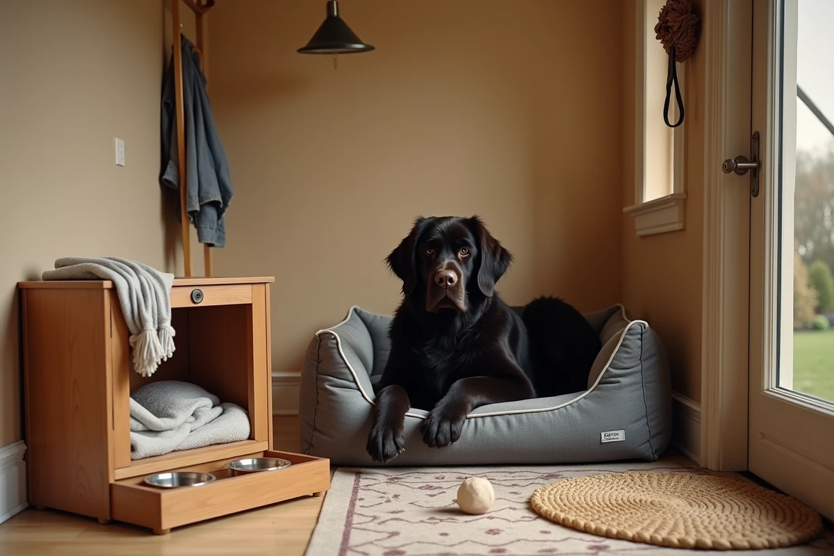 Espace d'accueil aménagé pour un chiot Terre Neuve avec panier lit cageot bols et jouet dans une entrée de maison