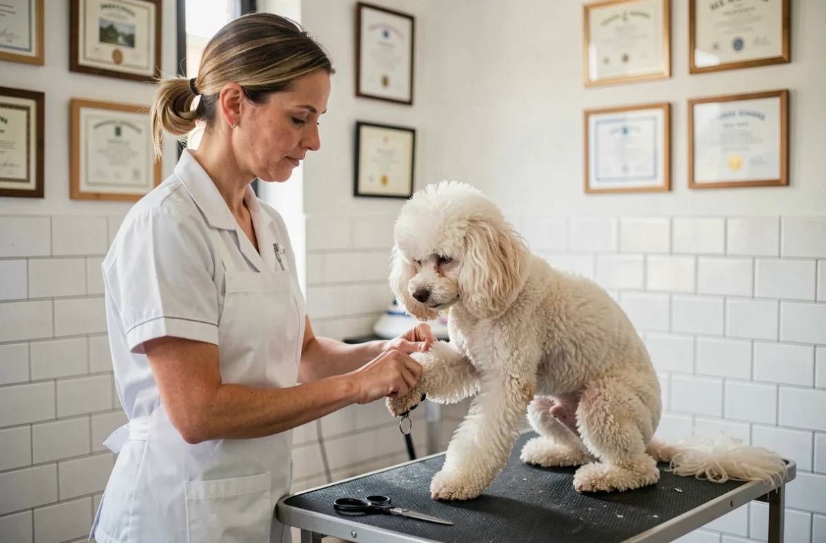 Toiletteuse d'Estheti Chien au Havre taillant les pattes d'un caniche standard dans un salon élégant