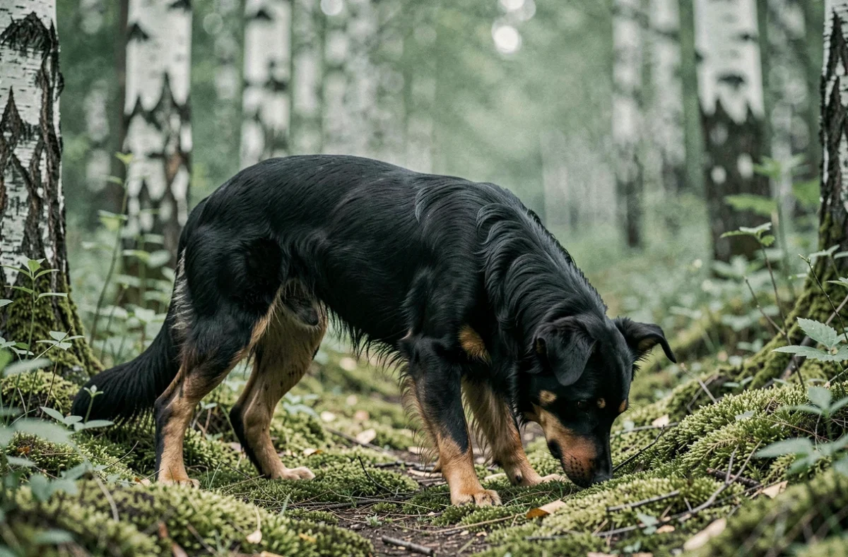 Eurasier noir et feu explorant un sentier forestier, posture corporelle et signaux de curiosité naturelle du chien en extérieur