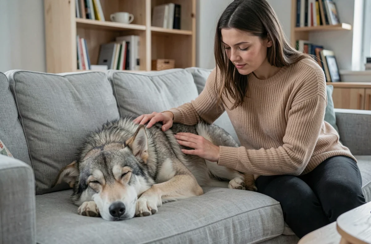 Femme créant un lien affectif avec son Eurasier loup-sable allongé sur un canapé gris, signaux de détente et de bien-être du chien