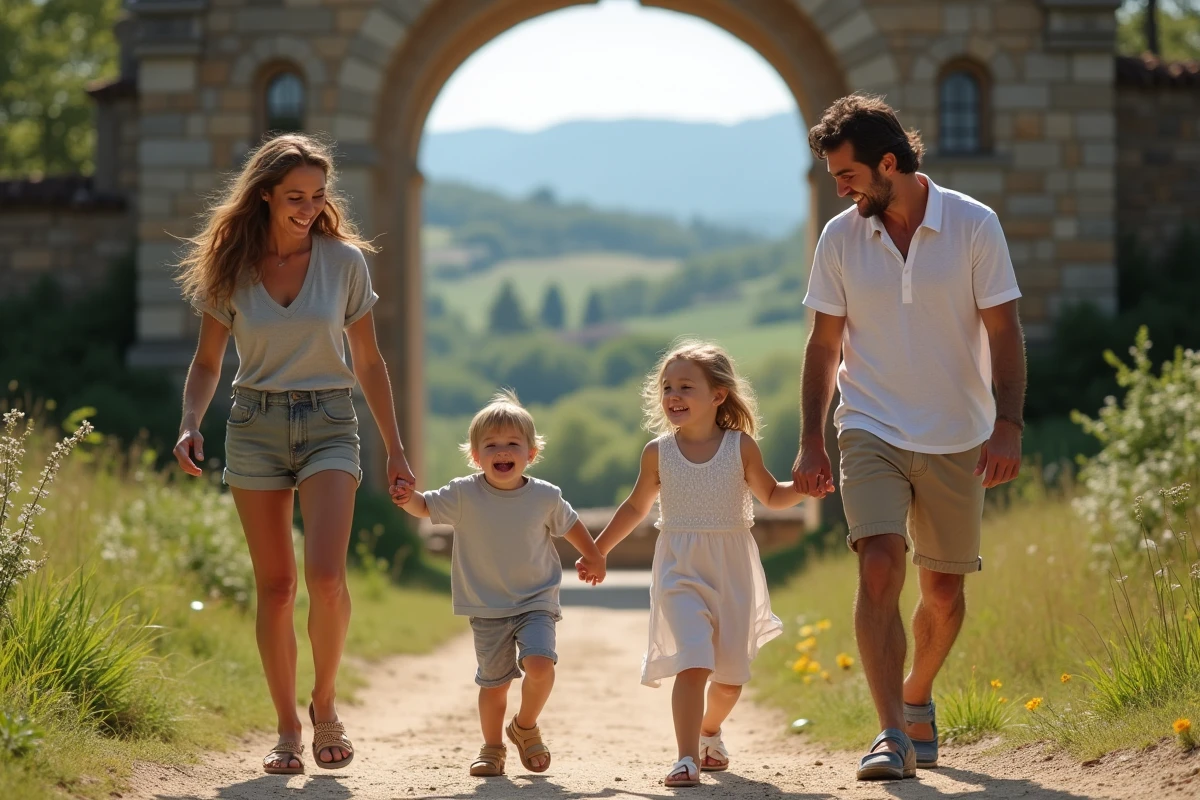 Famille souriante devant l Arche de Méo en été