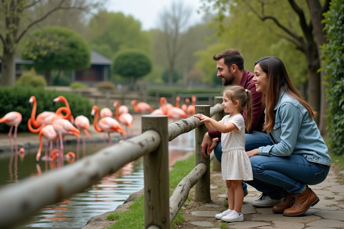 Famille avec enfants observant des flamants roses au zoo d'Annecy