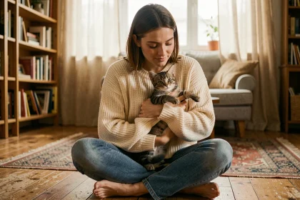 Jeune femme tenant tendrement un chaton tigré abandonné contre elle dans un appartement chaleureux