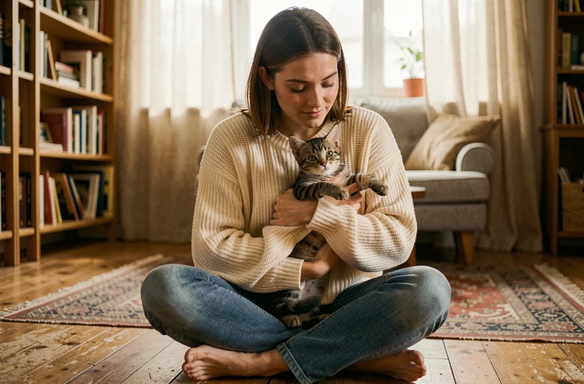 Jeune femme tenant tendrement un chaton tigré abandonné contre elle dans un appartement chaleureux
