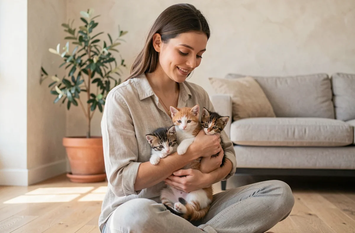 Jeune femme tenant trois chatons de couleurs différentes dans ses bras dans un salon moderne, symbolisant l'adoption de plusieurs chatons à donner près de Toulon