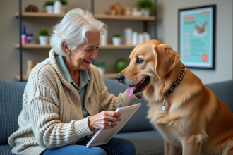 Femme agee caressant un chien dans une clinique veterinaire