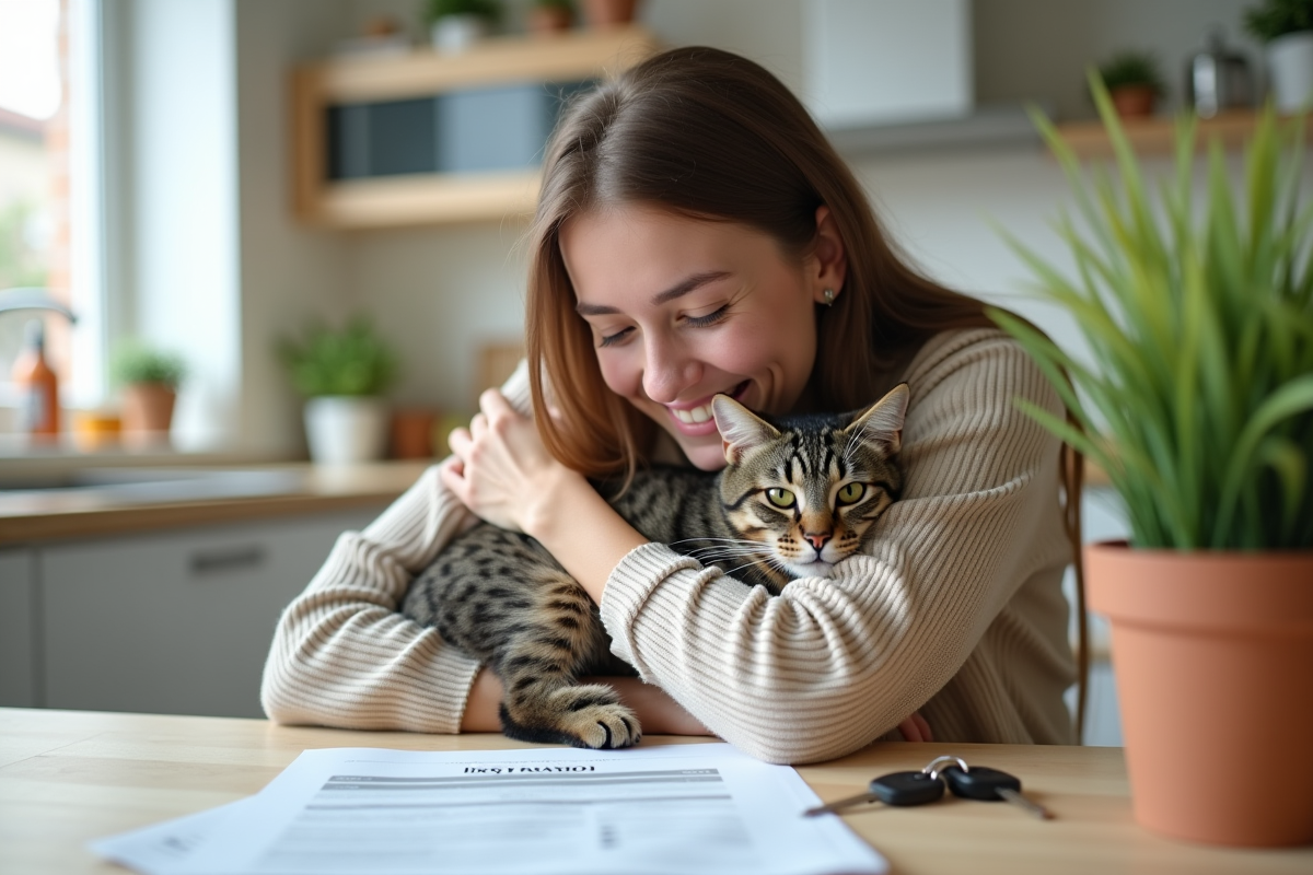 Jeune femme avec son chat dans une cuisine lumineuse