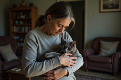 Femme âgée tenant un chat gris dans ses bras