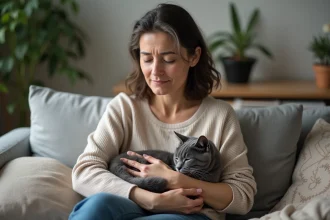 Femme tenant un chat gris fatigué sur ses genoux