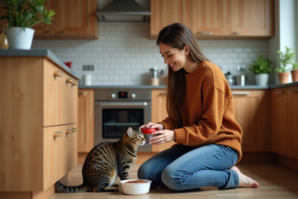 Jeune femme souriante ouvre une boîte de nourriture pour son chat