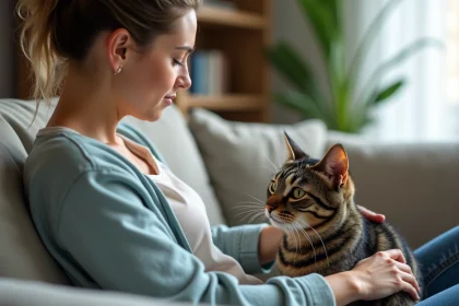 Femme examinant un chat tabby dans un salon cosy