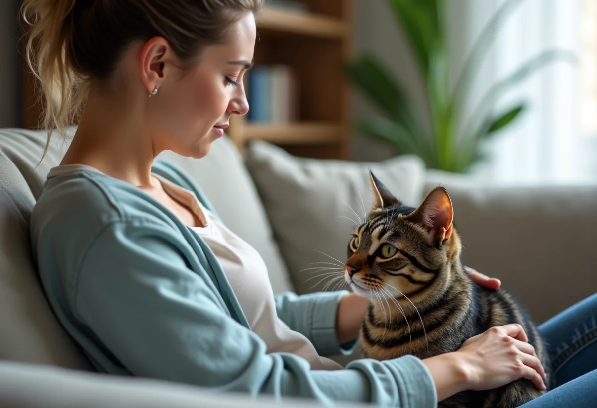 Femme examinant un chat tabby dans un salon cosy