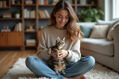 Jeune femme avec un chaton Maine coon dans un salon chaleureux