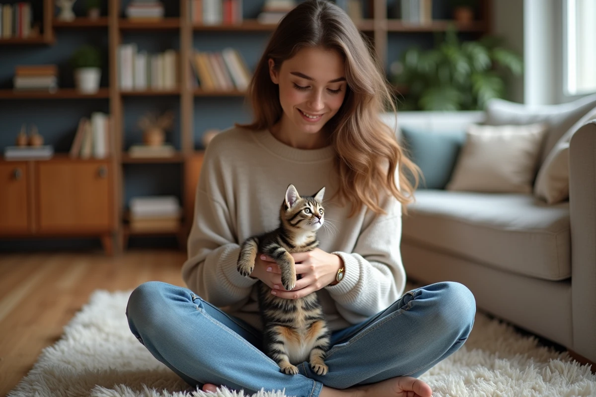 Jeune femme avec un chaton Maine coon dans un salon chaleureux