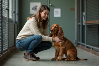 Femme en jean avec chiot Basset Griffon Vendéen à l'adoption