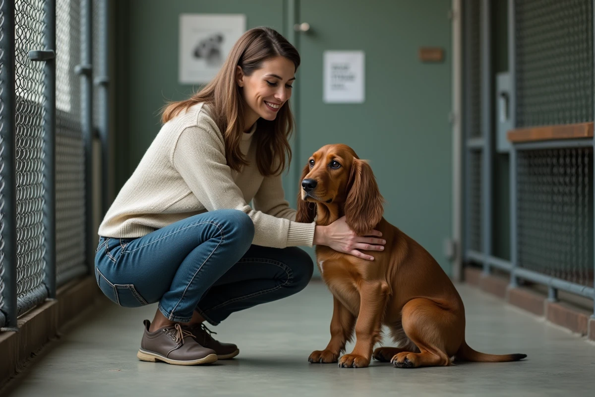 Femme en jean avec chiot Basset Griffon Vendéen à l'adoption