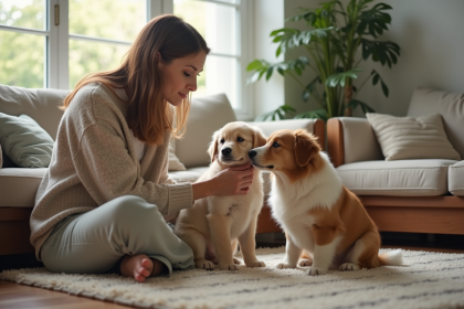 Femme avec chiot golden retriever et border collie dans le salon