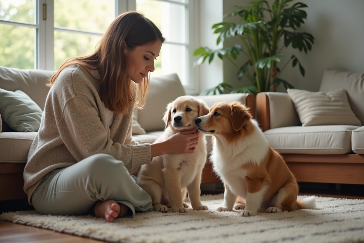 Femme avec chiot golden retriever et border collie dans le salon