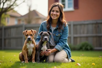 Femme avec deux chiots Bully dans un jardin