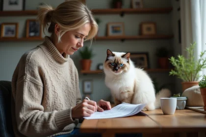 Femme lisant un certificat de pedigree avec un chat Birman