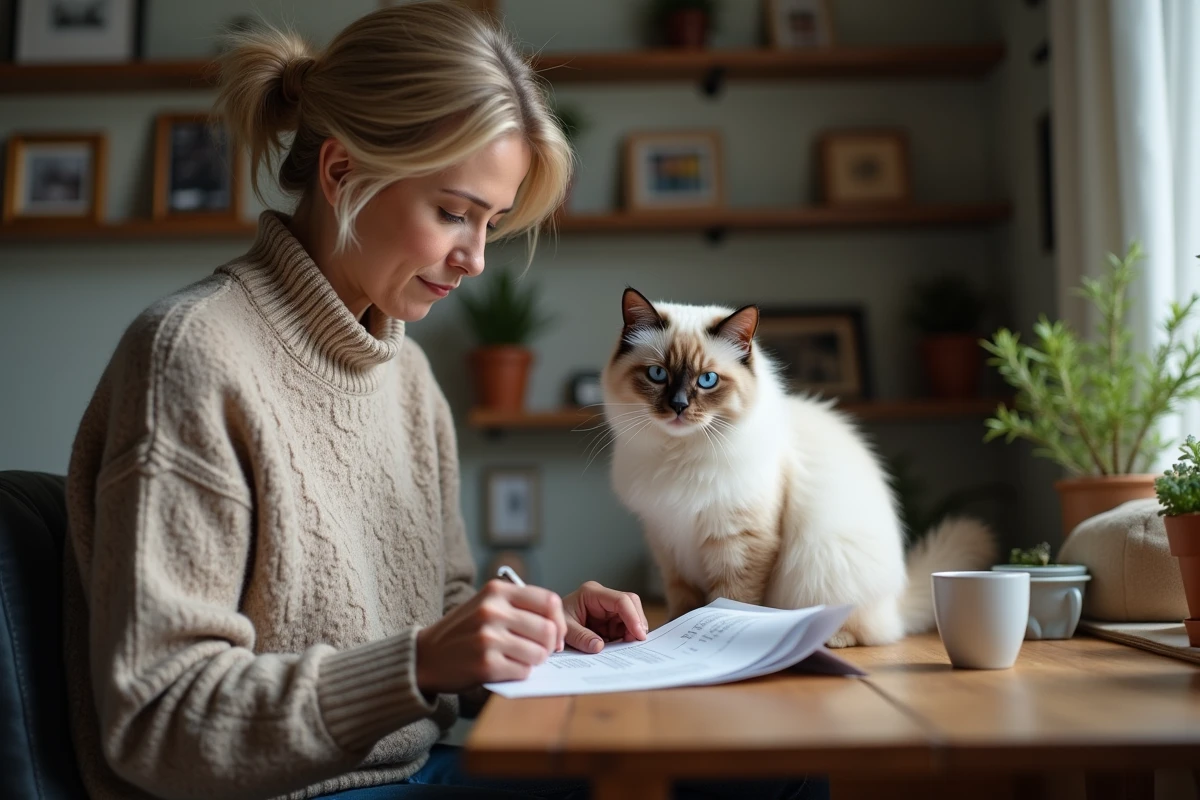 Femme lisant un certificat de pedigree avec un chat Birman