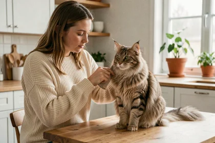 Femme qui brosse un chat Maine Coon aux longs poils épais sur une table en bois dans une cuisine scandinave