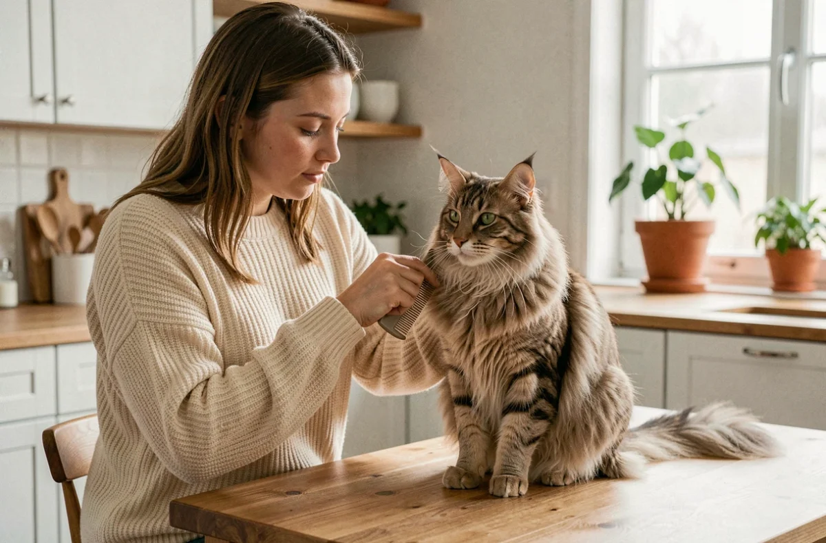 Femme qui brosse un chat Maine Coon aux longs poils épais sur une table en bois dans une cuisine scandinave