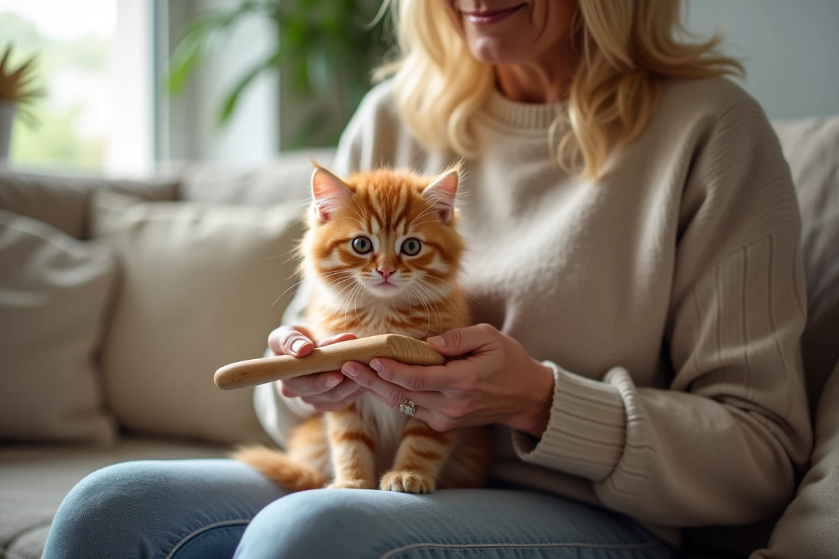 Femme caressant un chaton ginger dans le salon
