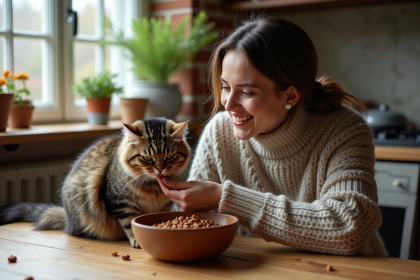 Jeune femme nourrissant un chaton dans une cuisine chaleureuse
