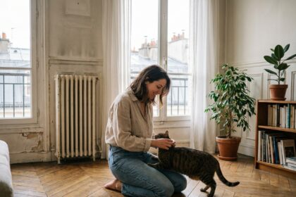 Femme avec son chat dans un appartement haussmannien du 11e arrondissement de Paris