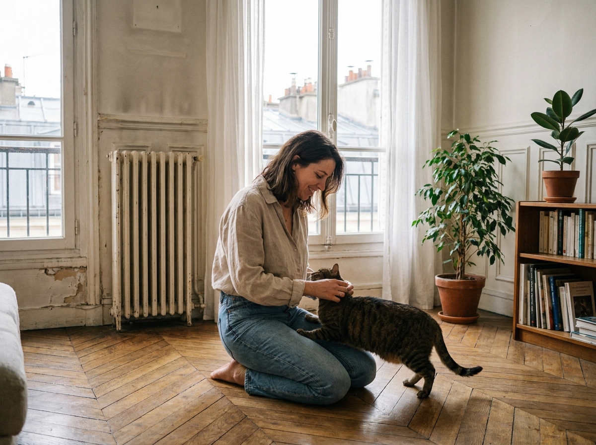 Femme avec son chat dans un appartement haussmannien du 11e arrondissement de Paris