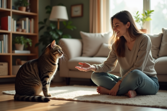 Femme assise sur le sol avec un chat tabby dans un intérieur chaleureux